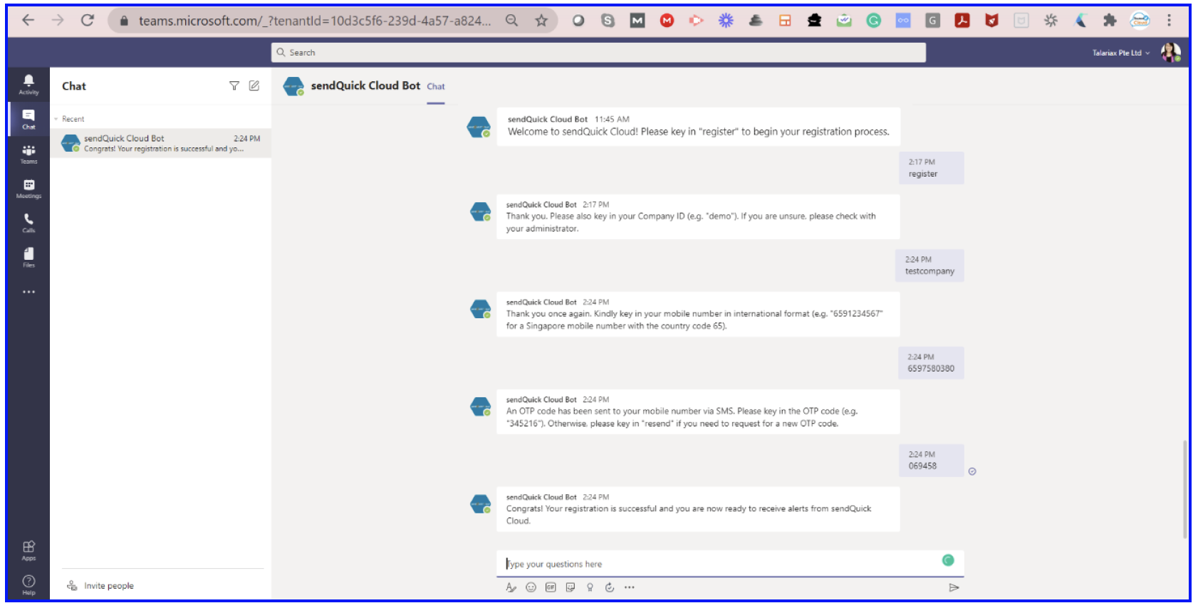 sendQuick Cloud Bot successfully opted-in Microsoft Team