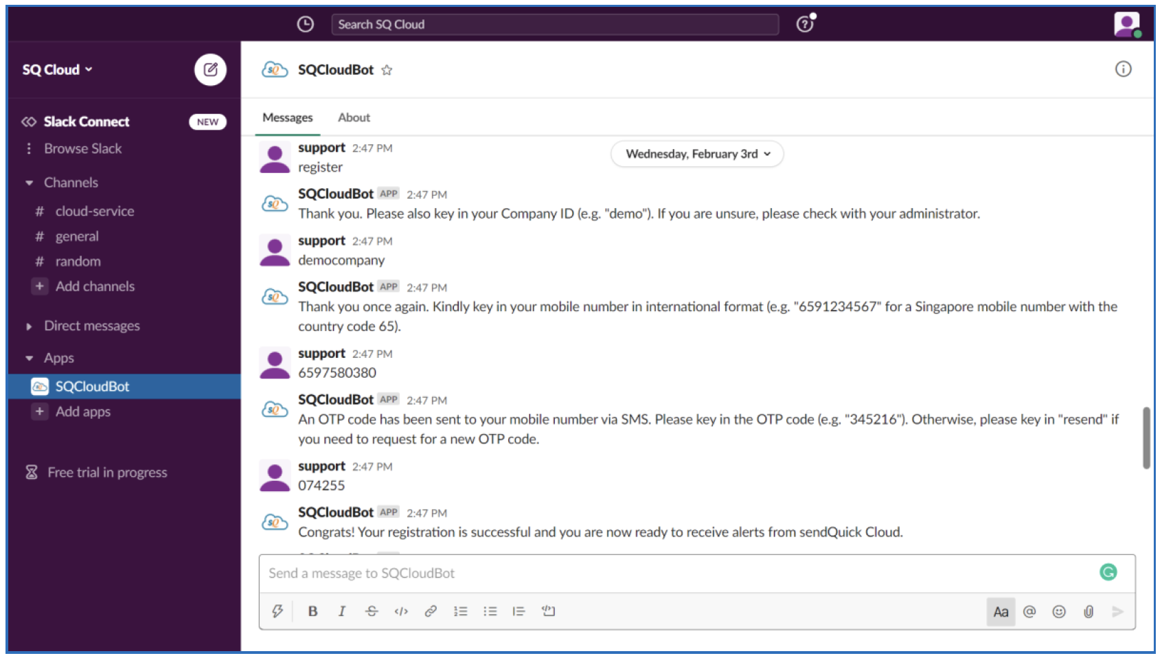 sendQuick Cloud Bot successfully opted-in Slack