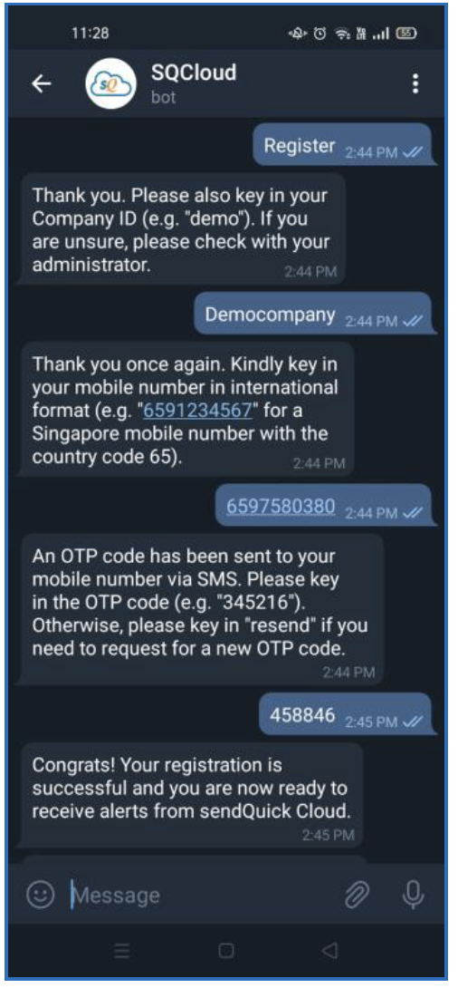 sendQuick Cloud Opt-In Telegram - Bot OTP Verification