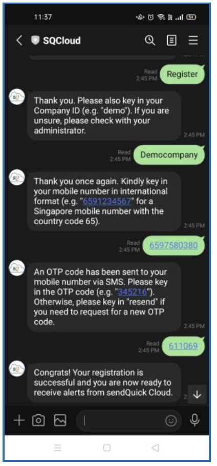 SQ cloud chat bot registering mobile number for alert notification